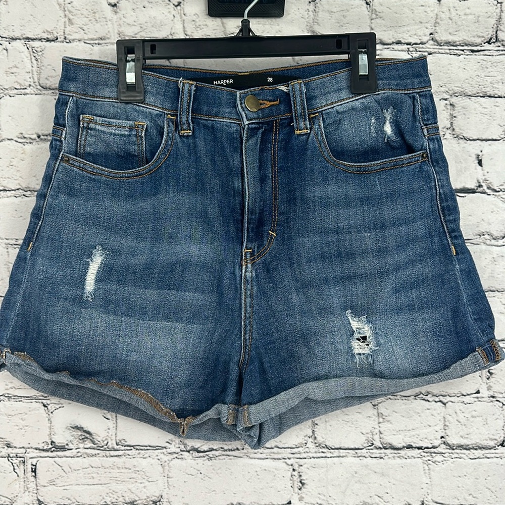 🏷️ HARPER High Rise Rolled Cuff Distressed Denim Shorts 28 Medium Wash VGC